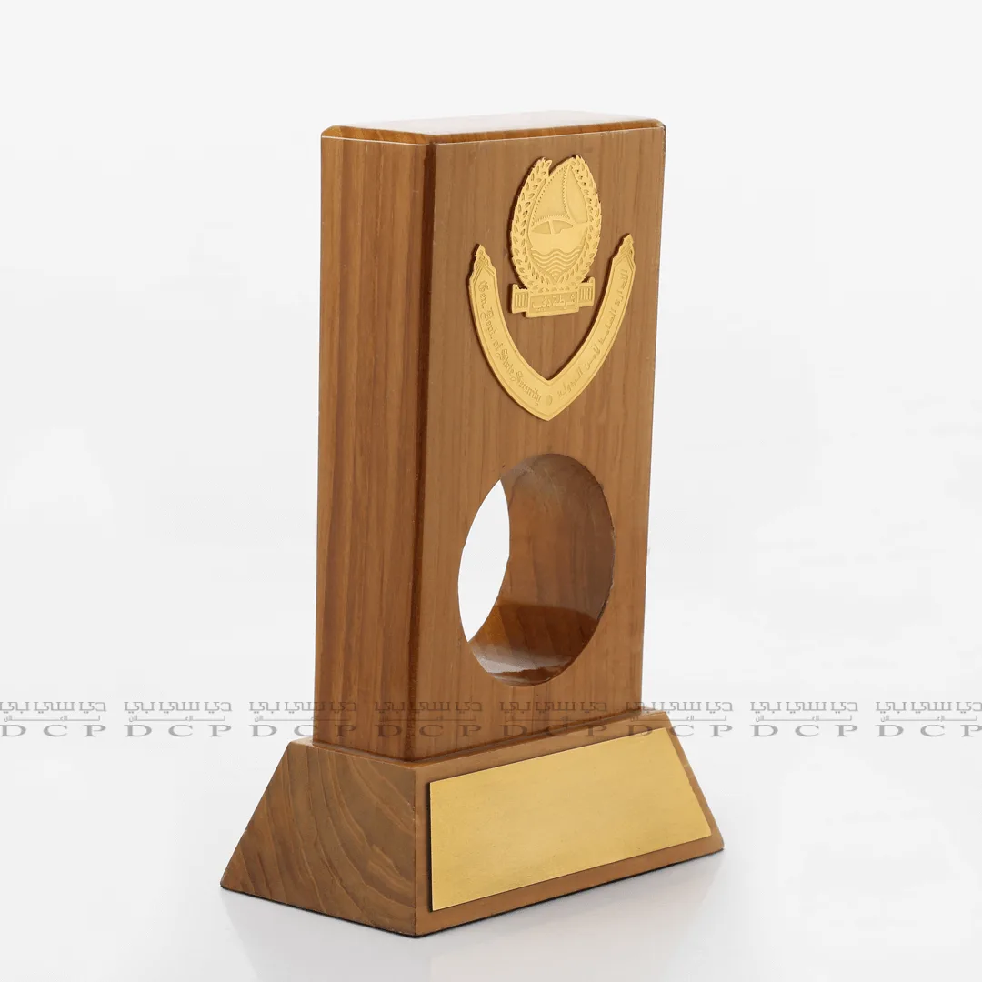 Wooden Trophy with Brass Cutout Logo and Strip