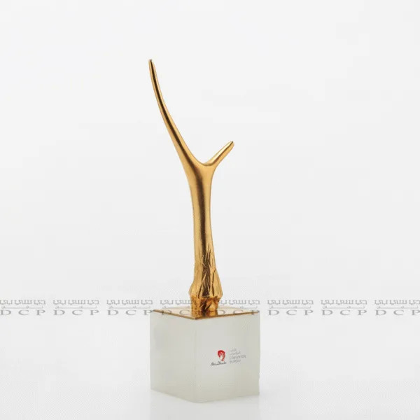 Brass Trophy with Gold Plated Full view of an elegant brass trophy with gold plating, featuring a sleek design and sturdy base, perfect for recognition events