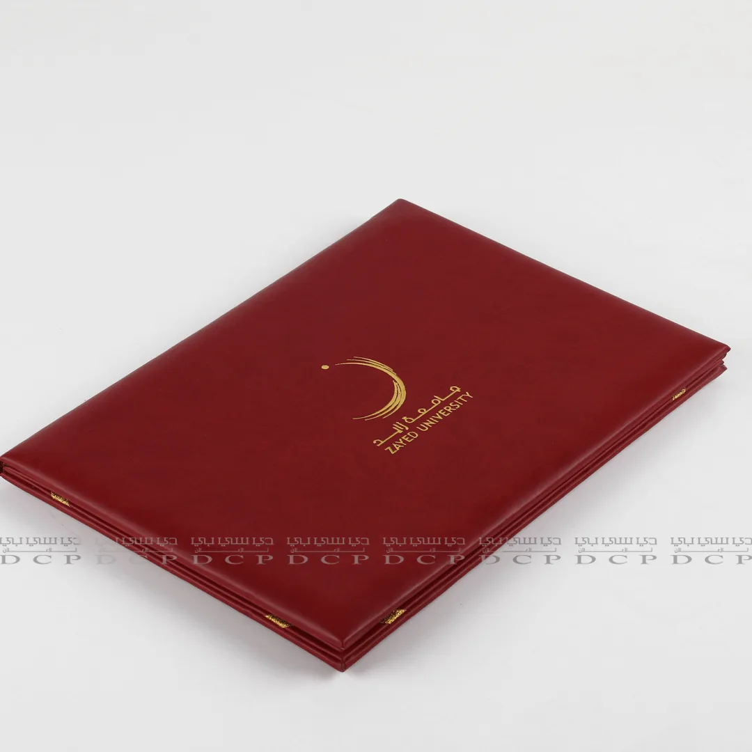 Full view of a personalized PU certificate folder with a sleek leather finish, designed for professional presentations