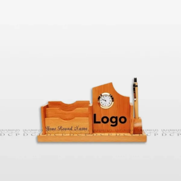 Full view of a company branded wooden desk organizer with compartments for pens, business cards, and a mobile phone