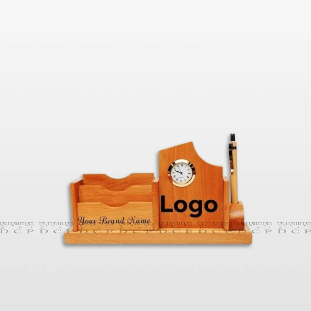 Full view of a company branded wooden desk organizer with compartments for pens, business cards, and a mobile phone