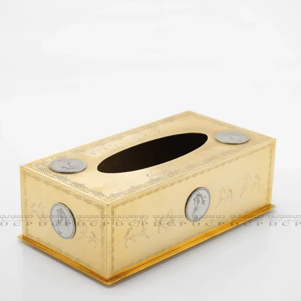 Close-up of the radiant gold-plated finish on the Brass Tissue Box, highlighting its luxurious design and craftsmanship