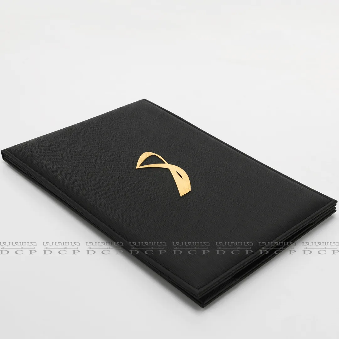 Full view of a premium PU leather folder with a polished finish, designed for corporate use and document organization