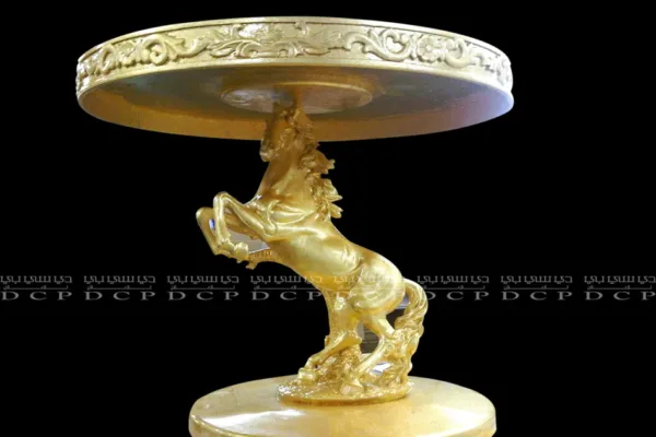 3D golden horse sculpture with intricate details, standing on a polished base, perfect for luxury decor or gifting