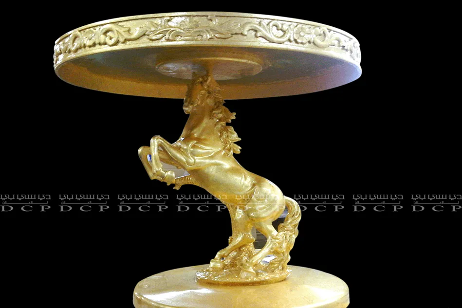 3D golden horse sculpture with intricate details, standing on a polished base, perfect for luxury decor or gifting