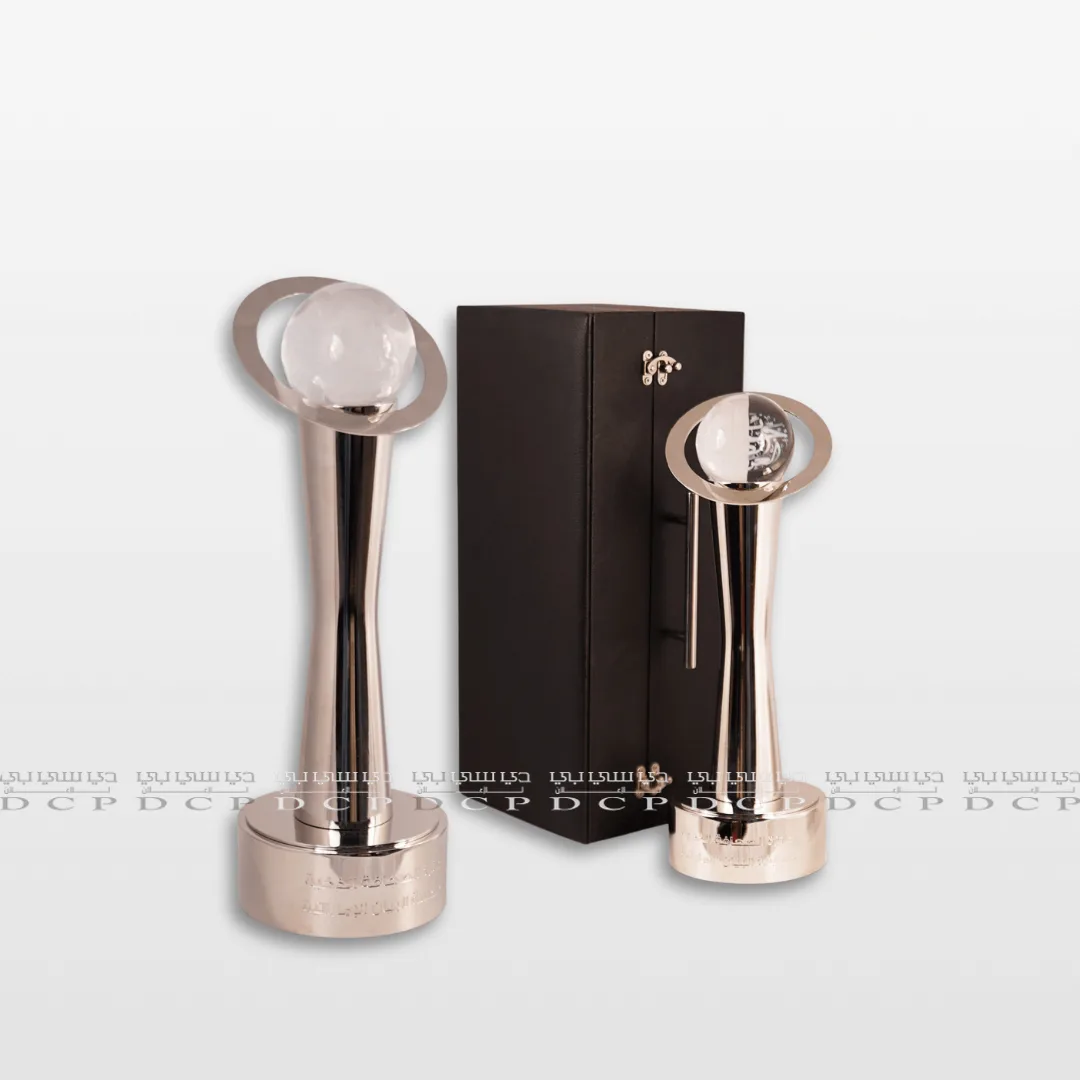 Full view of the Elegant Box for Trophy with Crystal Globe, showcasing a luxurious box with a stunning crystal globe trophy inside