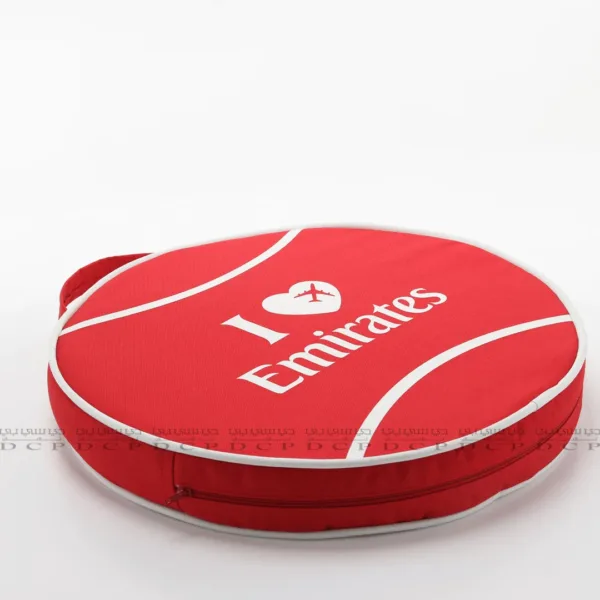 Full view of a tailored round cushion with custom design, featuring soft fabric and personalized logo or artwork