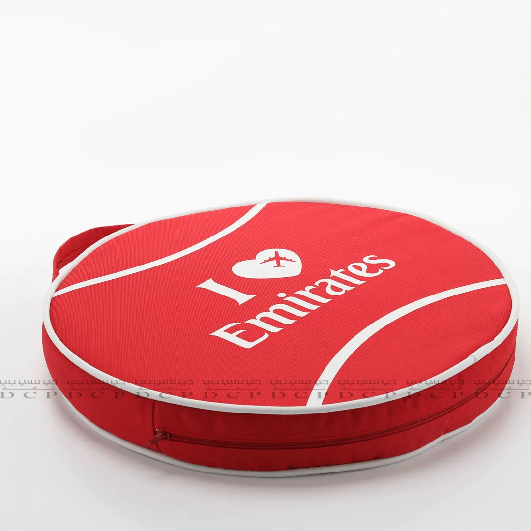 Full view of a tailored round cushion with custom design, featuring soft fabric and personalized logo or artwork