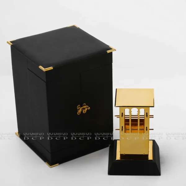 Full view of a Wind Tower Trophy with a custom presentation box, inspired by traditional architecture, ideal for corporate awards
