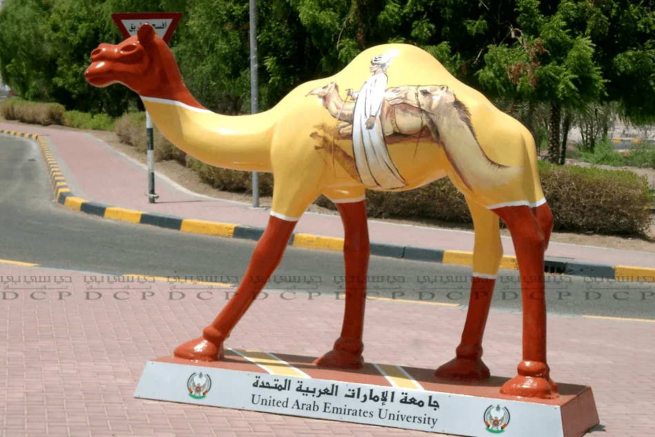 Fiberglass camel sculpture with intricate detailing, representing strength and resilience