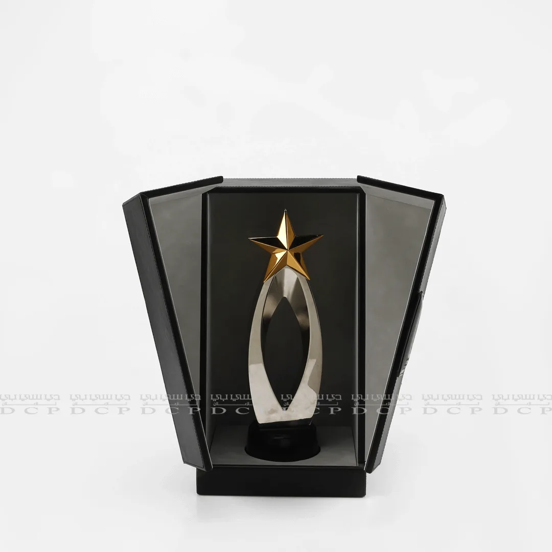 Close-up of the Acrylic Trophy, highlighting the clear design and intricate engraving details