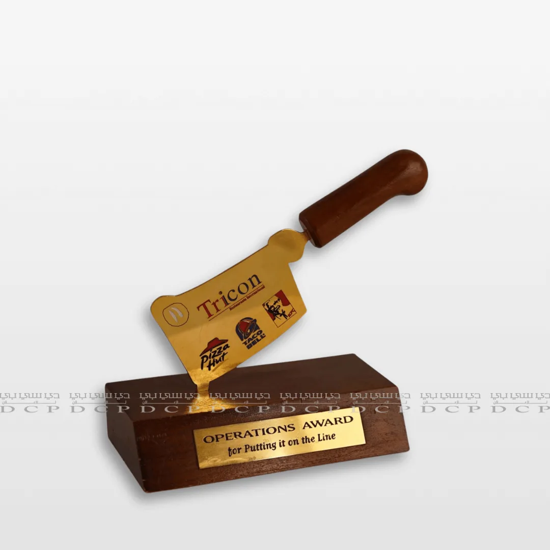 Full view of the Knife with Wooden Base Sign, featuring a polished knife mounted on a premium wooden base for display