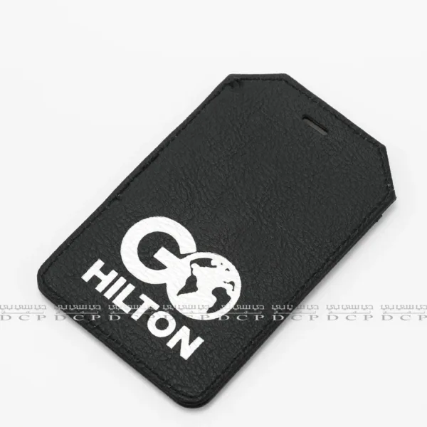 Full view of a company branded leather card holder with a sleek and professional design, featuring a logo
