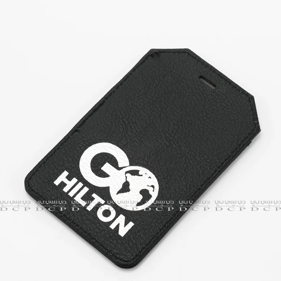 Full view of a company branded leather card holder with a sleek and professional design, featuring a logo