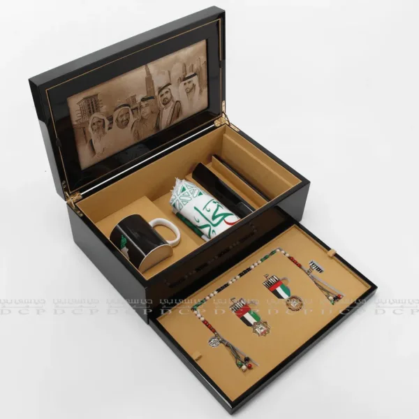 Close-up of the glossy black finish on the Premium Wooden Box, showcasing its sleek and luxurious design